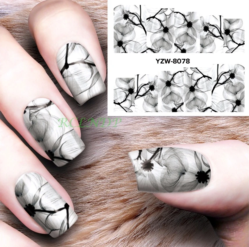 Водные наклейки для украшения ногтей слайдеры чернильный рисунок с лепестками