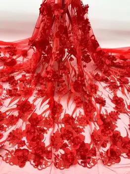 

RED 3D Beads Lace Fabric High Quality Mesh Embroidery Applique 3D Flower Tulle Nigerian Lace Fabrics For Bridal YYZ26583