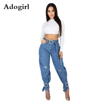 

High Waist Hole Denim Pants 2020 Spring Summer Skinny Jeans Woman Retro Casual Hole Jeans Ripped Pencil Trousers Sashes Pants