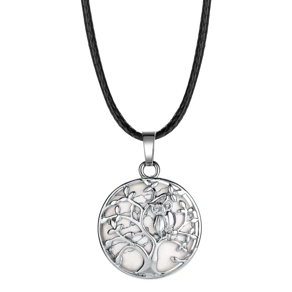 Howlite ASHMITA серебряный кулон жизнь дерева маленькая Сова эфирные масла диффузор круглый камень ожерелье медальон для женщин Кристалл Чакра Ювелирные изделия - Окраска металла: Howlite