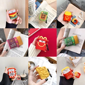 

Food Fries Hamburg Chicken Nuggets Apple Pie Family Bucket Case For AirPods 1 2 3D Box Soft Silicon Earphone Protective Cover