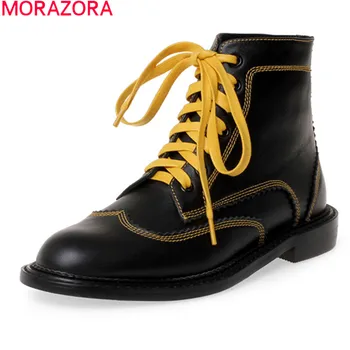 

MORAZORA 2020 new arrive fashion genuine leather women boots low heel round toe leisure shoes autumn winter lace up ankle boots