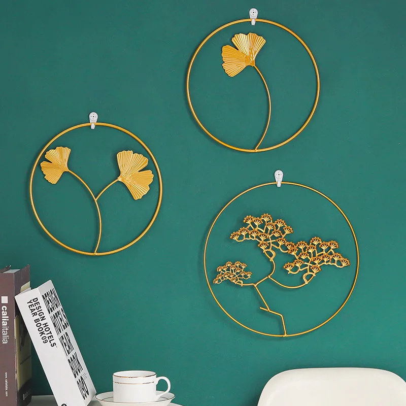 Nordic Golden Hanging Ornament Leaf Round Wall Decoration Pendant Home Living Bedroom Decor Divano Sfondo Portico Murale