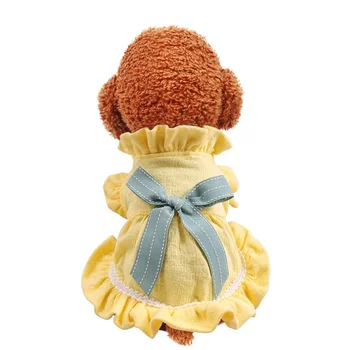 

Dog Cat Dress Shirt Bow Yellow Pleated Spring/Autumn For Dogs Cats Small Medium Lace High Collar Dog Clothes Dresses Pet Apparel