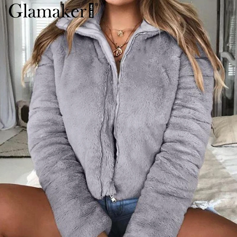 Glamaker, отложной воротник, искусственный мех, куртки для женщин, длинный рукав, на молнии, элегантное пальто для женщин, Осень-зима, теплые, вечерние, сексуальные, пальто, куртка