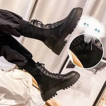 

2020 spring and autumn new British style Martin boots female students thick bottom motorcycle boots front lace elastic sock boot