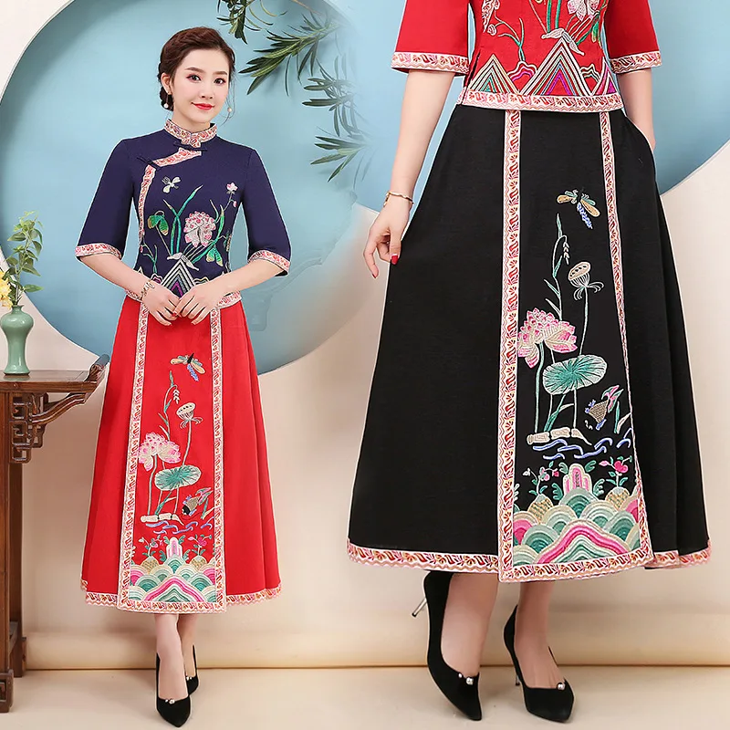 

New Style Elastic Waist Skirt Summer Lotus Pond National Wind Embroidered Skirt Children