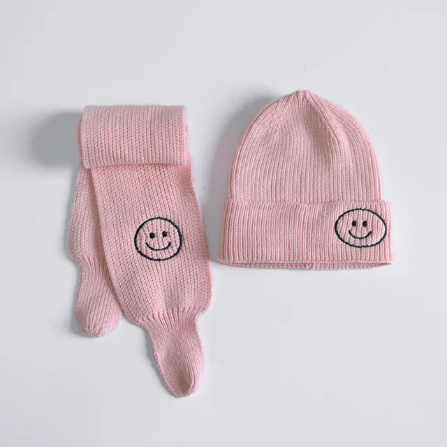 pink Baby Girls Boy Hat Scarf Set Winter Warm Children Beanie Hat Cute Smile Face Woolen Knitted Hats Scarf Kids Two Piece Set - Цвет: pink