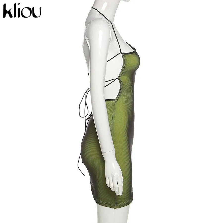 Kliou Mesh Halter Tie Up Baddie Dresses For Women 2021 Summer Casual Street Style Sexy Backless Sleeveless Mini Dress Female Hot business casual women