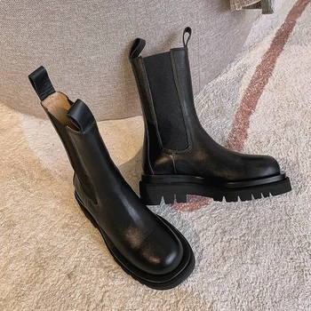 

Genuine Leather Thick Heels Ladies Boots Vintage Autumn Winter Party Working Shoes Woman Elastic Band Round Toe Pumps