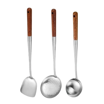 

OOTDTY 3Pcs Wok Spatula Spoon Skimmer Ladle Set Durable Portable Stainless Steel Cooking Utensils Kitchen Cookware Tool