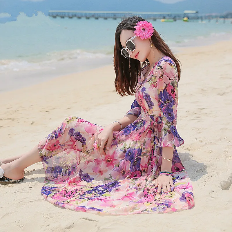 

Chiffon Neck V Robe Femme Slim Bohemian Holiday Beach Dress Female Floral Summer Dresses For Women Vestidos Mujer FYY497 es