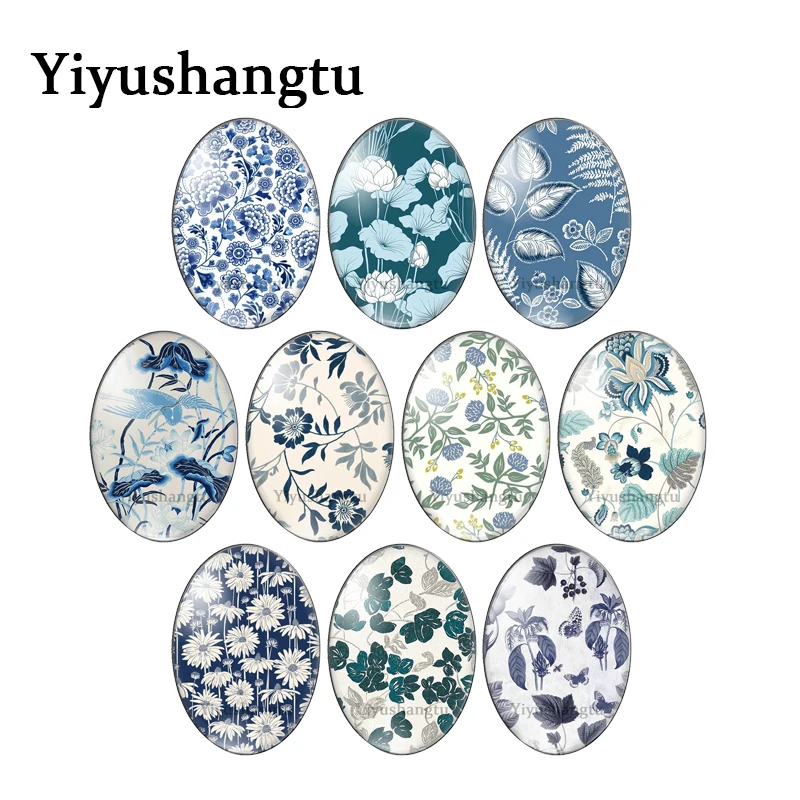 

Beautiful Bule Ink painting flowers pattern 13x18mm/18x25mm/30x40mm Oval photo glass cabochon demo flat back Making findings