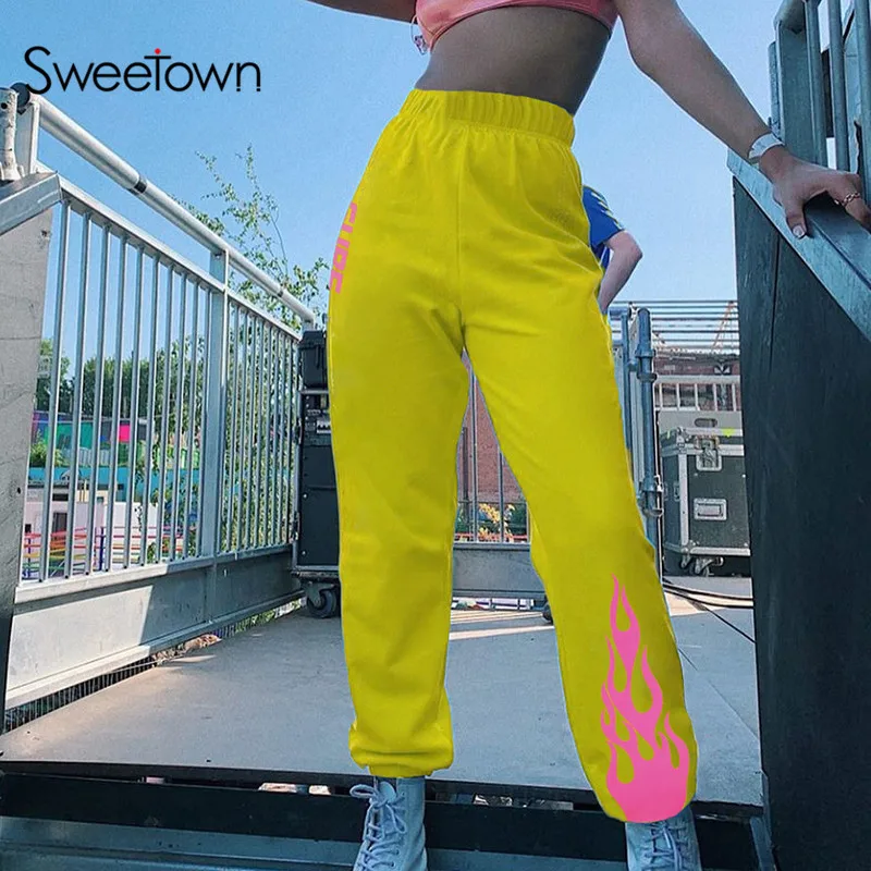 Sweetown, Пламенный огонь, с принтом, уличная одежда, брюки для женщин, эластичные, высокая талия, для бега, спортивные штаны, повседневные, свободные, хип-хоп, мешковатые штаны