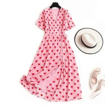 

Pink Prit Natural Silk Dress Sweet Mid-Calf V-Neck A-Line Summer Sundresses and Dresses Newest Womens Designer Dresses