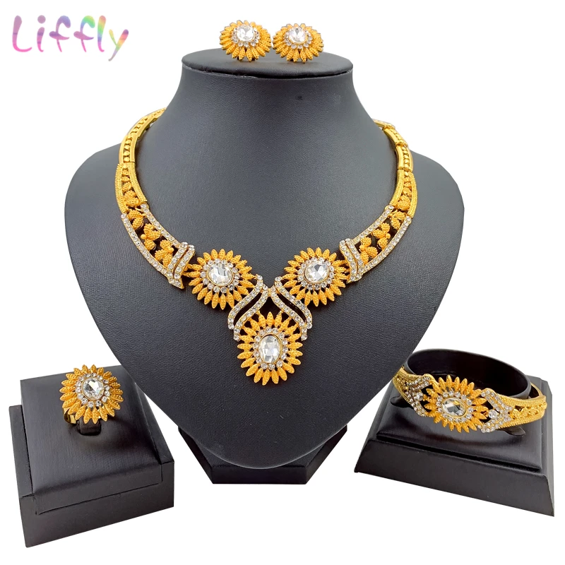 

Trendy Jewelry Indian Jewelry Exquisite Sunflower Flower Necklace Earrings Bracelet Ring Female Nigerian Necklace Sets