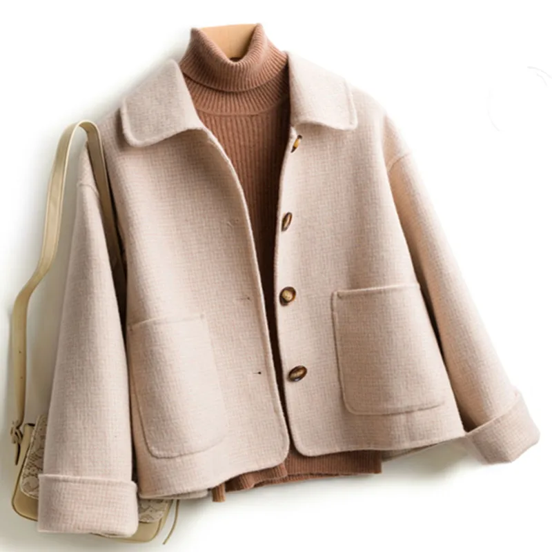 Double faced cashmere coat women's short woolen high-end 100% wool korean big pocket fashion new style | Женская одежда