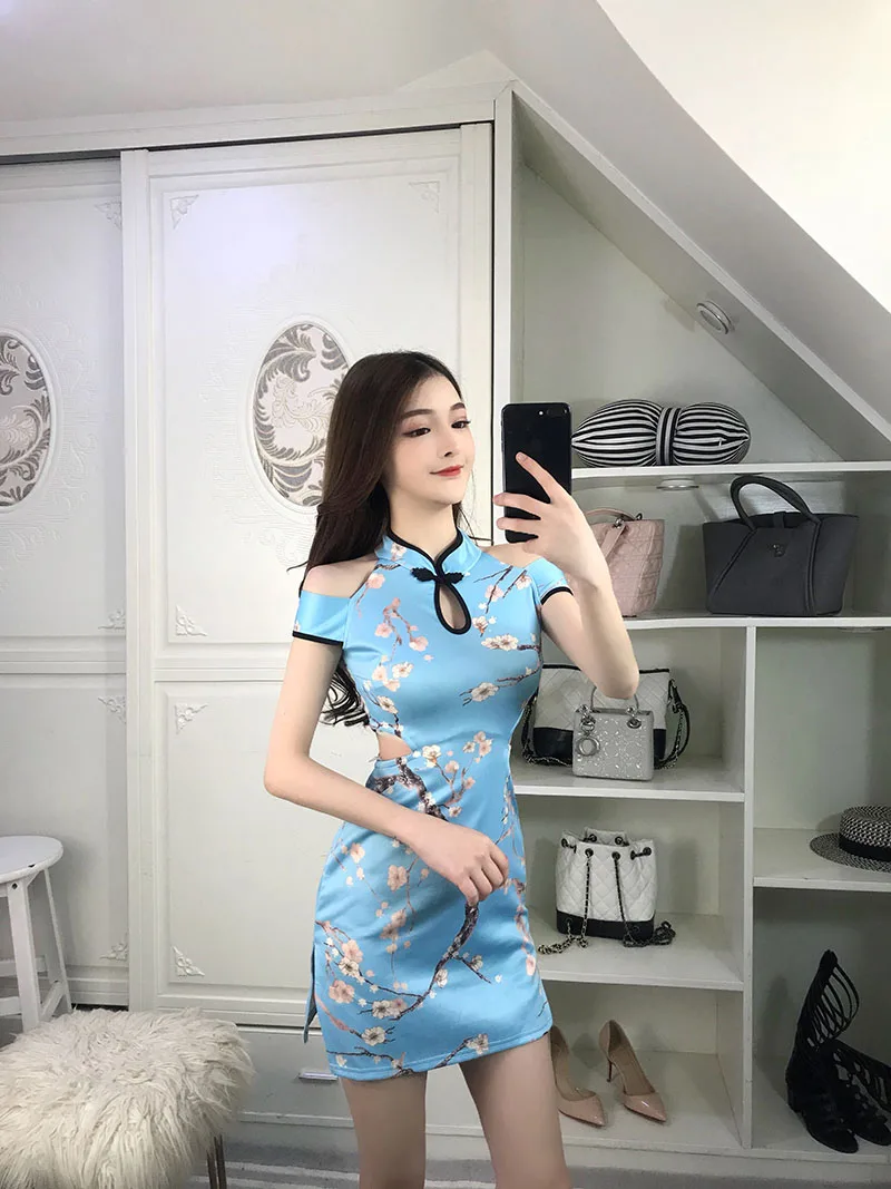 Китайское женское сексуальное платье Чонсам с цветочным принтом, атласное платье Ципао с лямкой через шею, женское белье чонсам, платье Чино