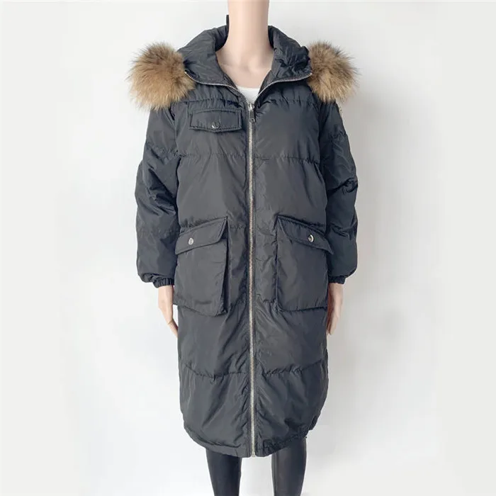 black fur collar Pudi XM906 Женское зимнее теплое пальто новая ткань 90% утиный пух меховой капюшон, воротник оверсайз женская модная повседневная Куртка парка - Цвет: black fur collar