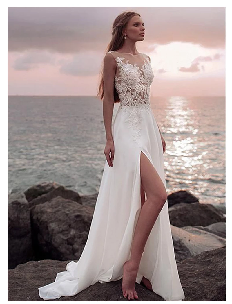 

Boho Wedding Dress A-Line Appliques Chiffon Bride Dress Side Split Floor Length Wedding Gown Free Shipping For Women
