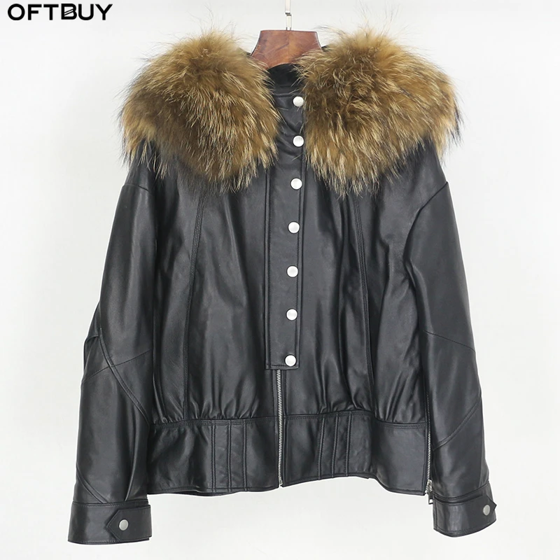 

OFTBUY 2020 Fashion Winter Jacket Women Real Fur Coat 100% Natural Raccoon Fur Collar Outwear Genuine Sheep Leather Duck Down