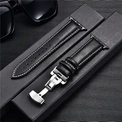 Premium Leather Butterfly Clasp Watch Strap - Elegant Replacement Wristband - 38mm 40mm 41mm (Black - W - B)