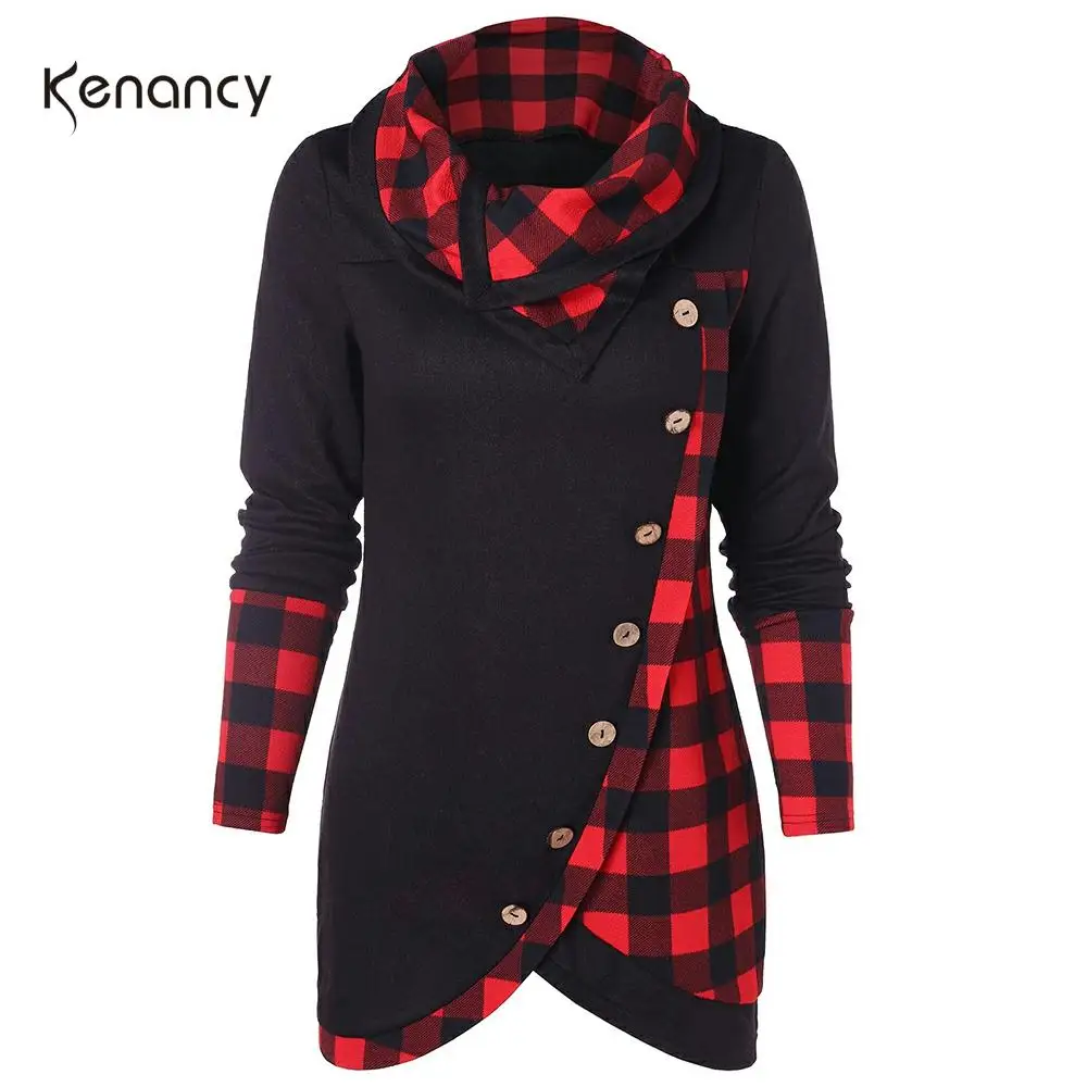 Kenancy женские толстовки с воротником шарфом асимметричный свитшот в клетку на