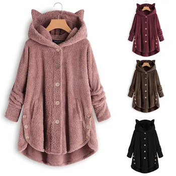 

Outwear Women Hooded Coat Warm Shopping Casual Office Soft Fluffy Tail Loose Autumn Winter Home Button Daily