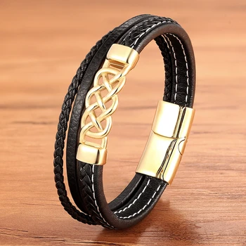 

Charms Fashion Trendy Gold weave Rope Braided Punk Rock Luxury Leather Bracelet Men Black Magnetic Bangles Jewelry