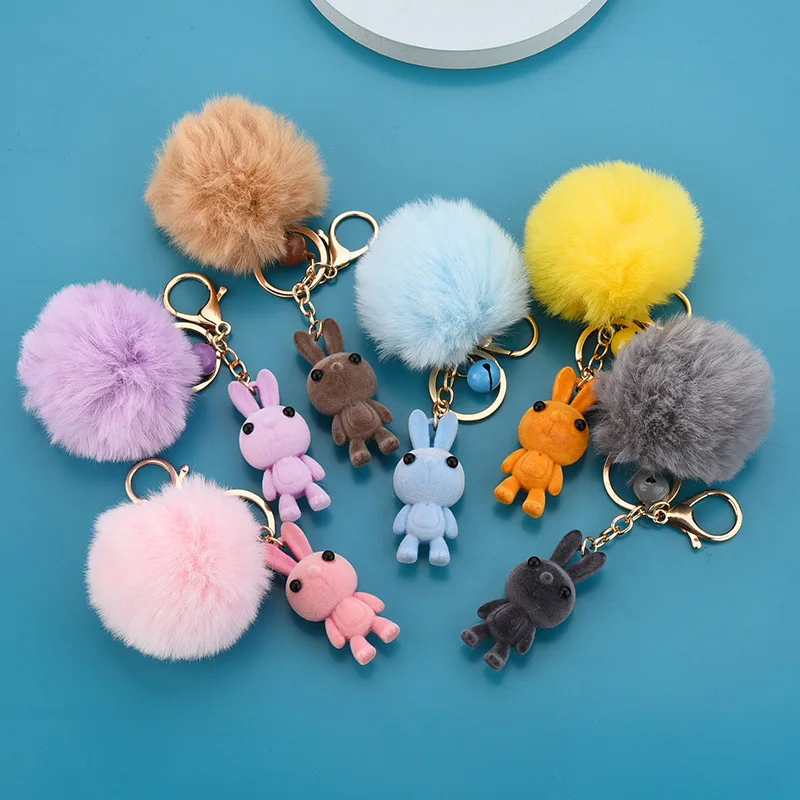 Wholesale Cute Animal Car Pom Pom fluffy Keychain Flocking Plush