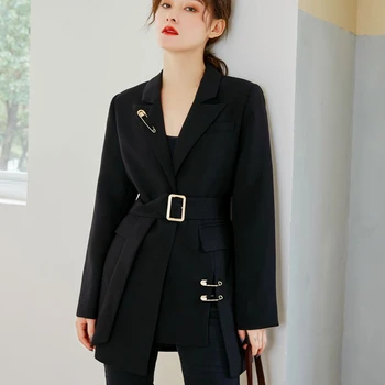 

Long Sleeve Black Vinatge Office Lady Lace-up Business Work Blazer Women Notched Belted Single Button Suit Coat Outerwear
