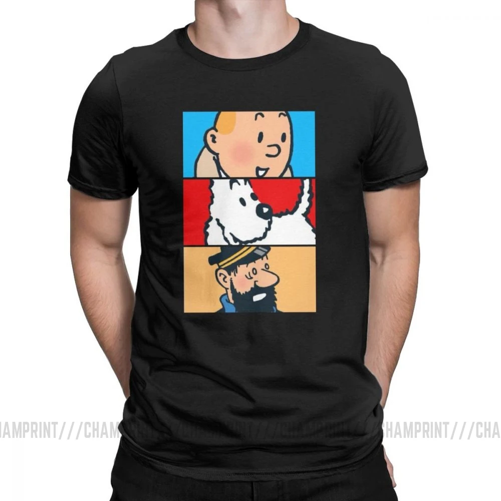 Футболка Tintin Milou Haddock The adventures Of Tintin для мужчин, хлопковая футболка с короткими рукавами, одежда 4XL 5XL 6XL - Цвет: Черный