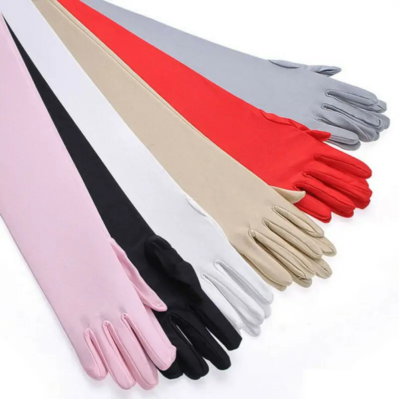 Новые женские Вечерние перчатки для выпускного вечера атласные длинные перчатки варежки черные синие Красные Белые