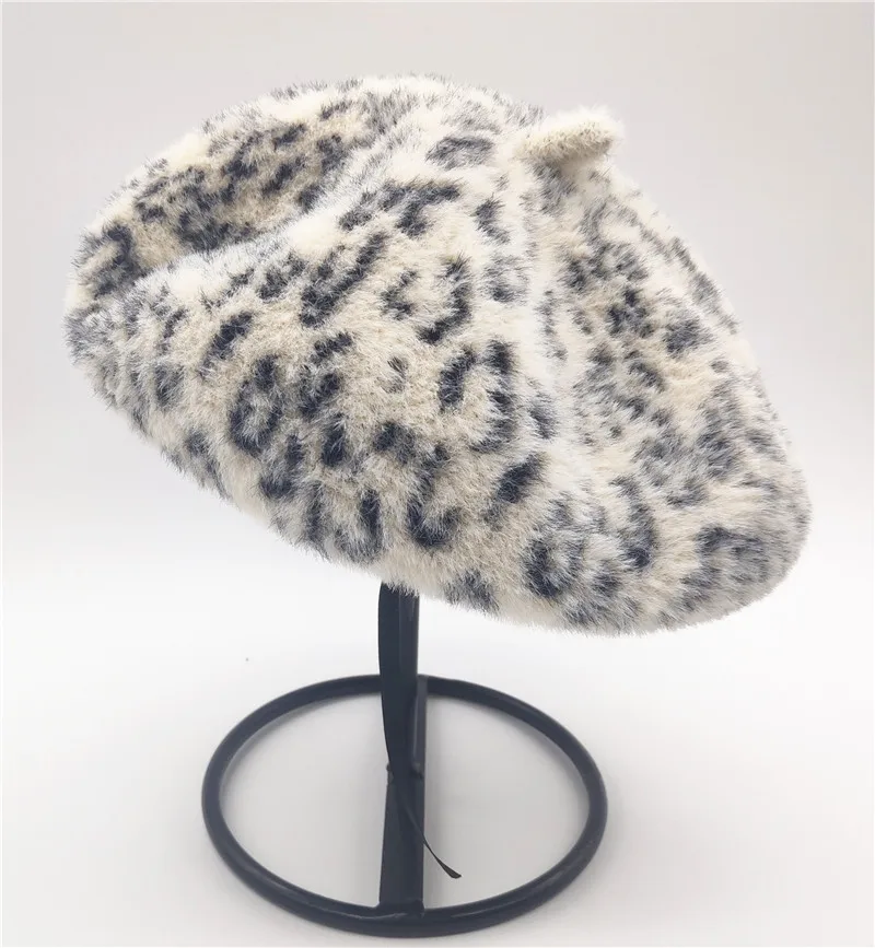 New Women's Thick Wool Beret Cap Leopard Printed Beret Cap Artist Hat Pumpkin Cap Gorras