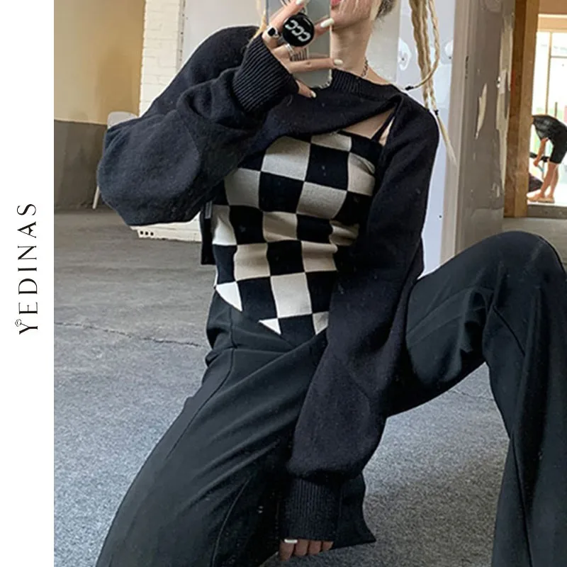 Yedinas Gothic Irregular Knitted Black Pullover Sweater Women+checkerboard Camis Tank Tops Y2k Korean Style Autumn 2021 Jumpers | Женская