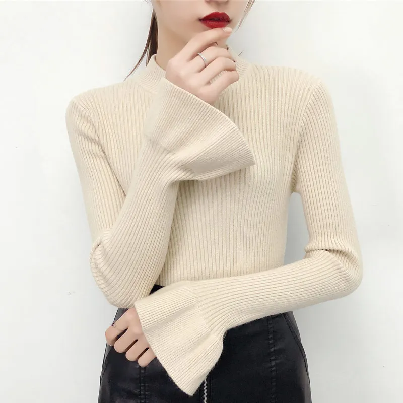 Half Turtleneck Women Sweater Korean Basic Pullover Autumn Winter New Thick Flare Sleeve Slim All Match Knitted Tops Pull Femme | Женская