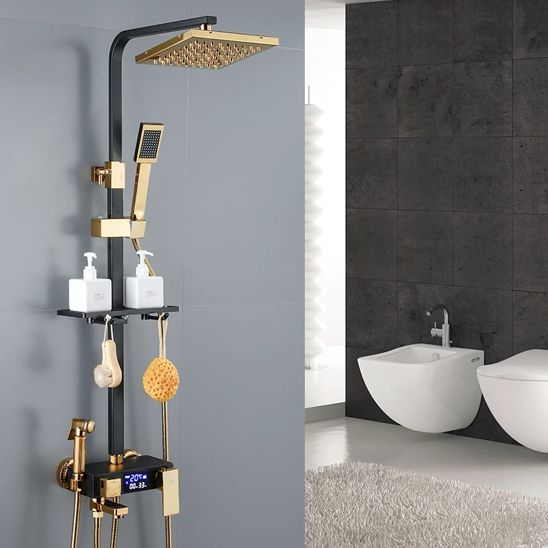 Hot Cold Shower Set Bathroom Smart Thermostatic Shower System Wall Mount Digital Display Bath Faucet Square Head Bathtub Grifos