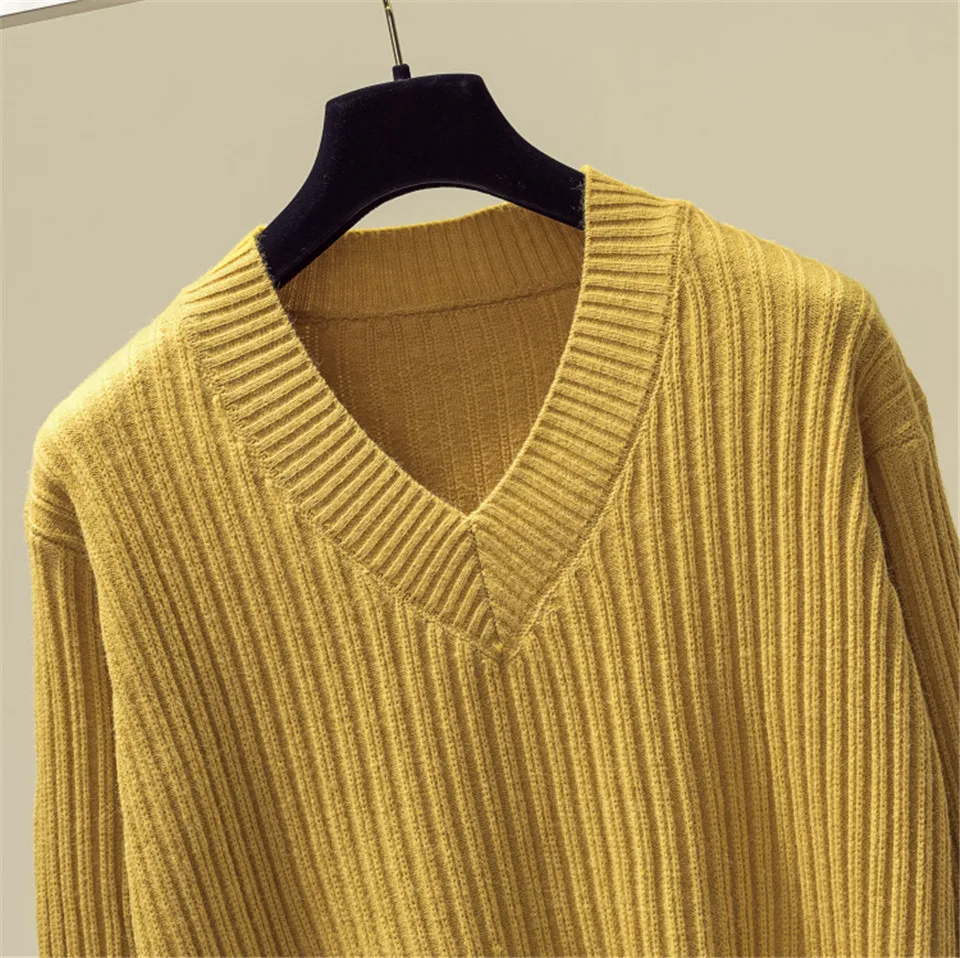 Полосатый трикотаж, Однотонный свитер с v-образным вырезом, свободный, мягкий, вязаный, пуловер, длинный рукав, модный, Sueter Mujer, женская зимняя Новинка