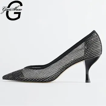 

GENSHUO Black High Heels Pumps Shoes Woman Mesh Patchwork Crystal Decoration V Shape Pointed Toe Pointed Toe Dress Party Shoes