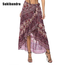 Sukibandra с украшением в виде цветка, с оборками и длинными макси асимметричной юбкой летняя Для женщин в богемном стиле пляжная юбка в стиле бохо со шнуровкой нерегулярные Обёрточная бумага юбка