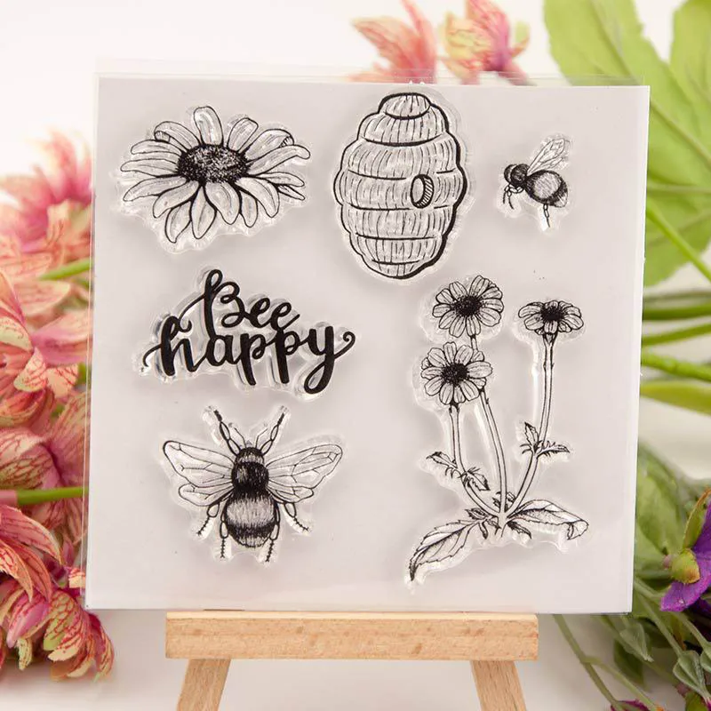 

DIY Scrapbooking Bee Flower Pattern Clear Stamps Card Making Decorative TPR Transparent Seal Multifunction 10.5x10.5cm