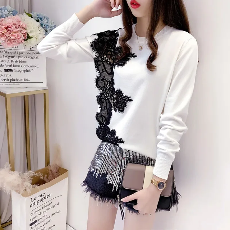 Chic Lace Patchwork Hollow Out Long Sleeve Womens Sweaters Korean Fashion New Loose Fit O-Neck Female Pullover Knitting Tops | Женская