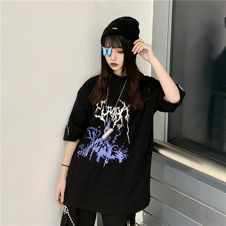 LMCAVASUN, Готическая женская футболка с принтом в виде пентаграммы и букв, Harajuku, женские топы с коротким рукавом, свободная летняя Корейская одежда, футболка