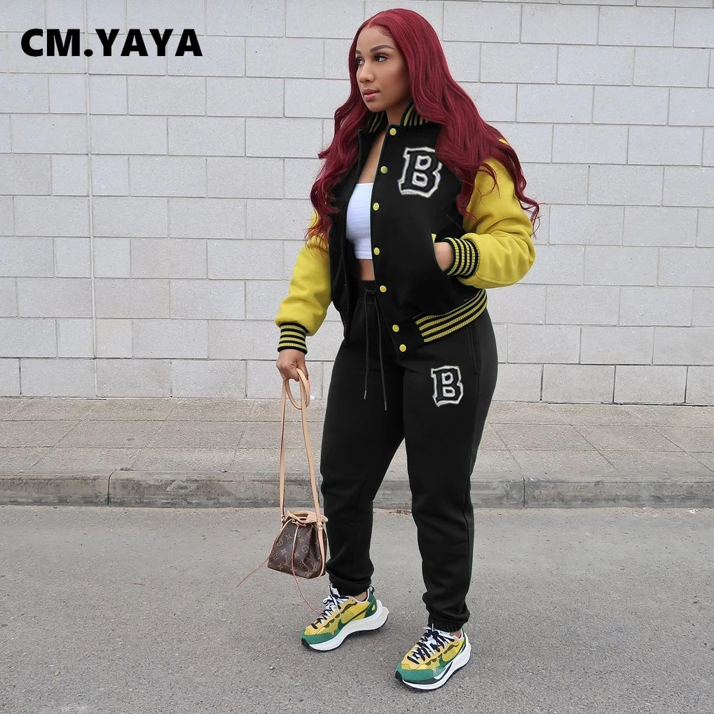 CM.YAYA Baseball Women's Set Autumn Winter Button Up Patchwork Sweatshirt and Pants Matching Two 2 Piece Outfits Tracksuit |