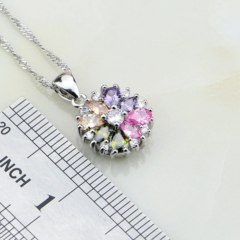 925 Silver Jewelry Flower Multi-color stones Jewelry Sets For Women Wedding Earrings/Pendant/Necklace/Rings - 2