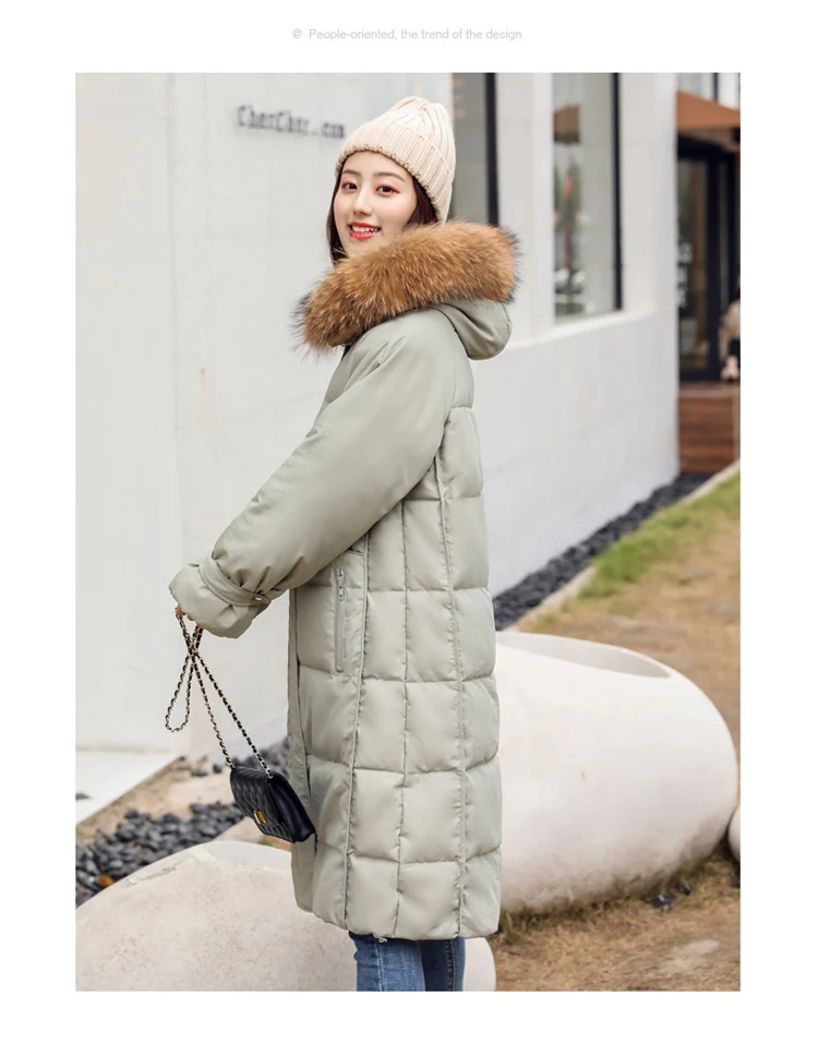 Зима, стиль, белый пуховик, женское, средней длины, Dongdaemun, плотное, для похудения, большой меховой воротник, выше колена, длинное пальто
