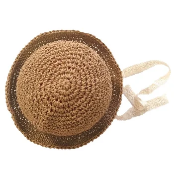 

Handmade Summer Baby Straw Hat Girls Lace Windproof Cord Beach Sun Hat Wide Brim Cute Floppy Hat Khaki
