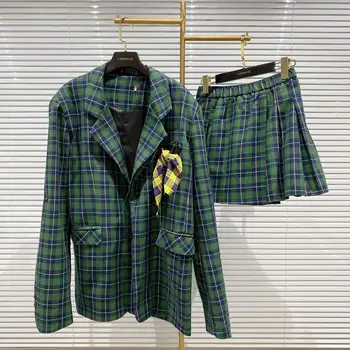 

2020 New Academic Style Square Scarf Pocket Blazer + Short Skirt Female 2 Piece Set