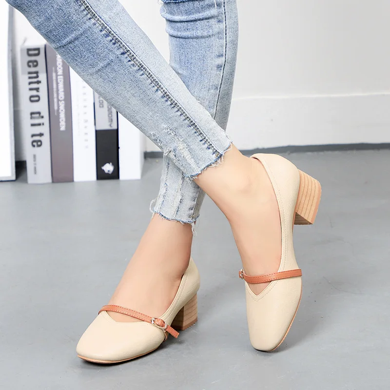 

Leisure Shallow Women Basic Pumps Slip-on Square Heel Med Single Shoes Square Toe Autumn Solid Ladies Pumps