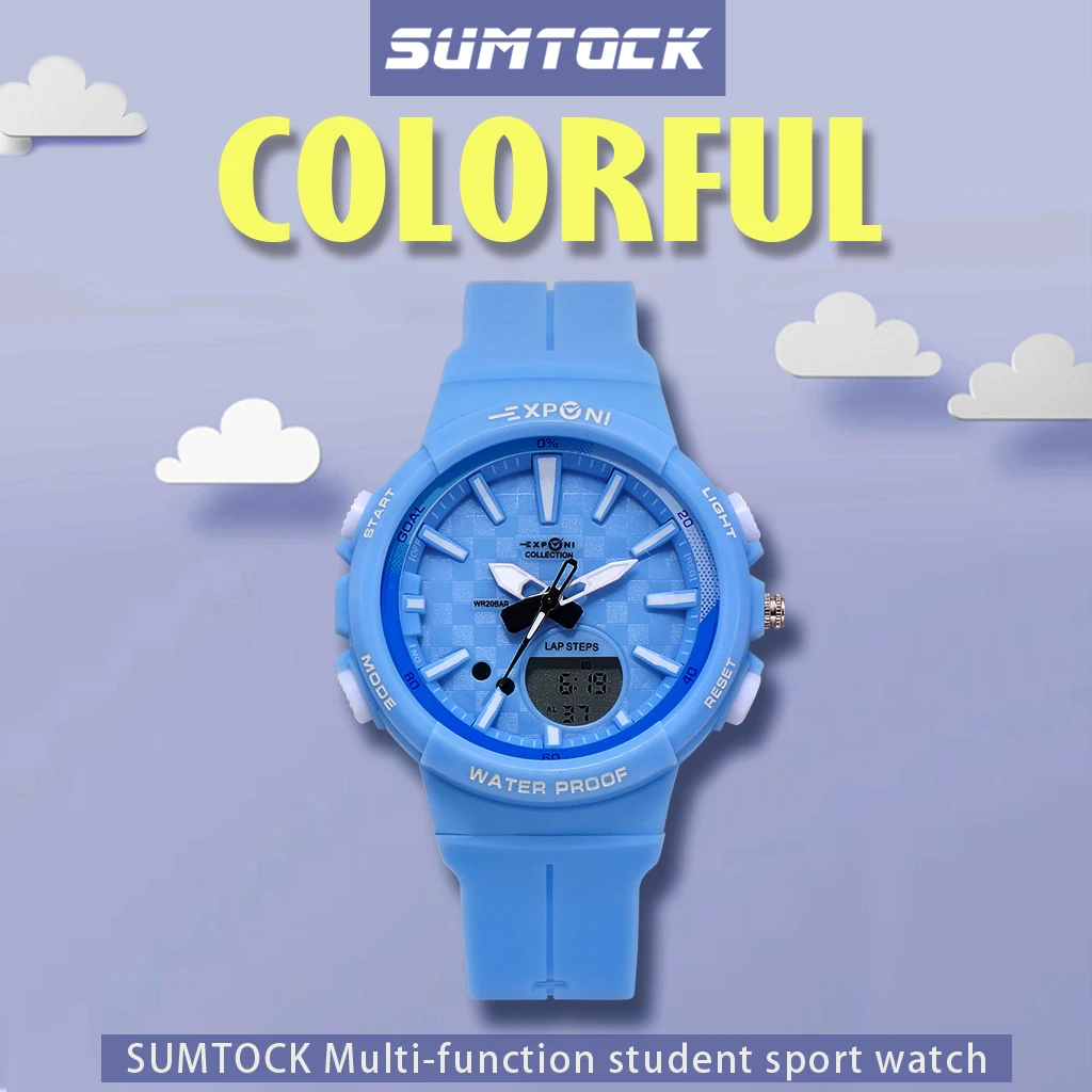 SUMTOCK, модные детские электронные часы, спортивные, водонепроницаемые, светодиодный, двойной часовой механизм, женские, кварцевые часы, хронограф, для детей